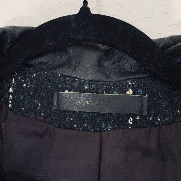 Vintage 80s Women L/XL* Coat Black Tweed Speckled Wool Leather Button Mod Gogo - Picture 7 of 15